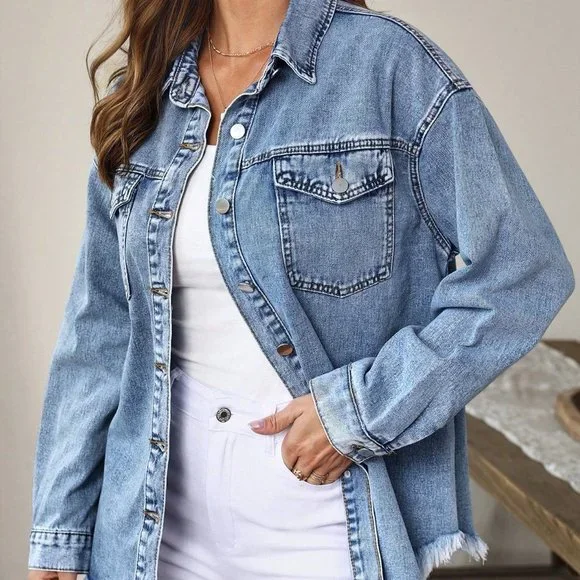 Blue Preppy Womens Flap Pocket Drop Shoulder Raw Cut Denim Jacket - Picture 2 of 5